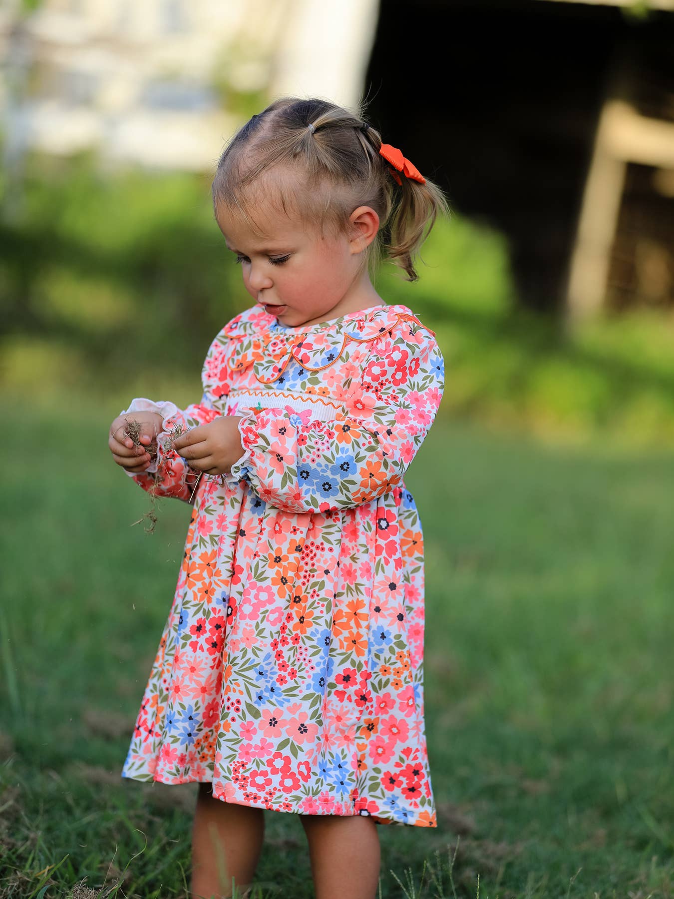 Pumpkin Bow Embroidered Floral Dress