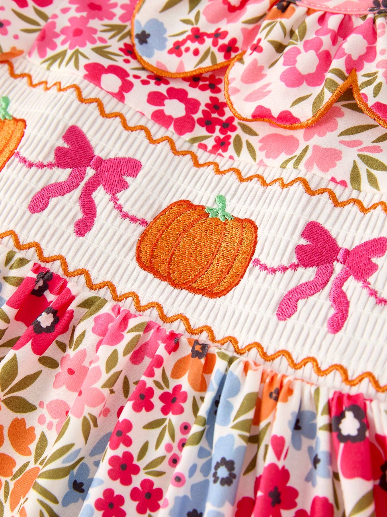 Pumpkin Bow Embroidered Floral Dress