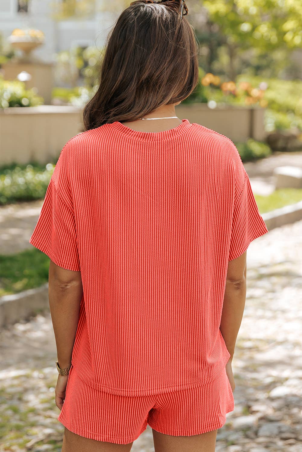 LDC Ribbed Textured Knit Loose Fit Tee and Shorts Set: Orange / XL