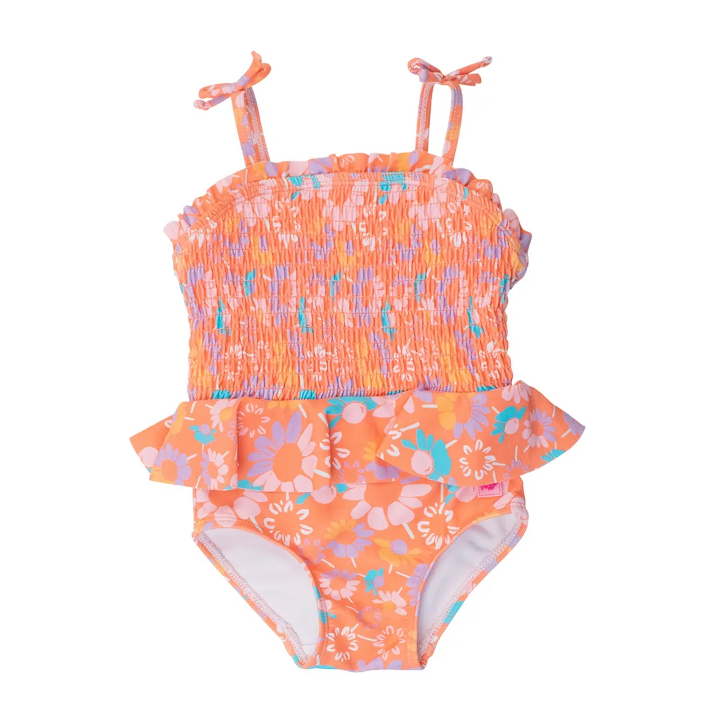 Girls Coral Floral Peplum Smocked Bodice One Piece