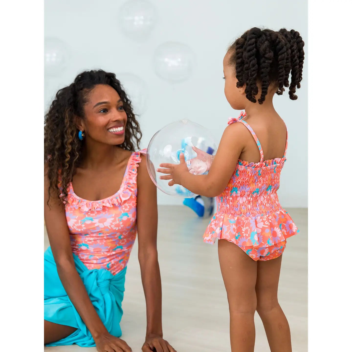 Girls Coral Floral Peplum Smocked Bodice One Piece