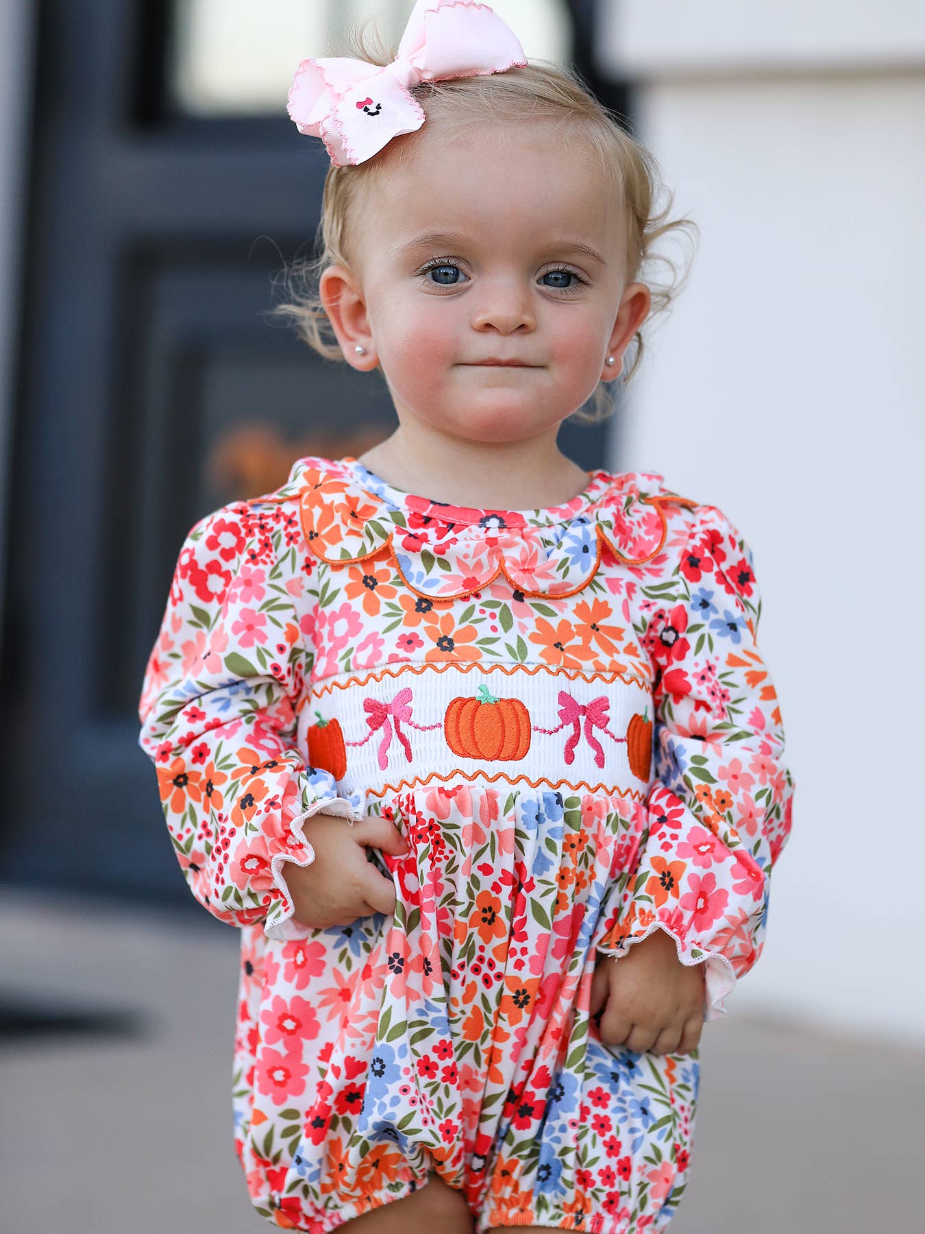 Pumpkin Bow Embroidered Floral Bubble