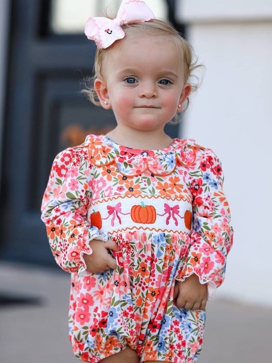 Pumpkin Bow Embroidered Floral Bubble