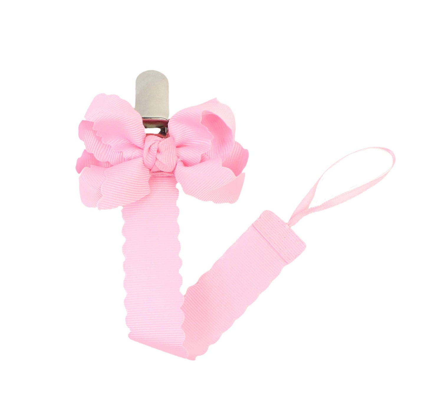Scalloped Grosgrain Pacifier Clip w/ Detachable Bow: White