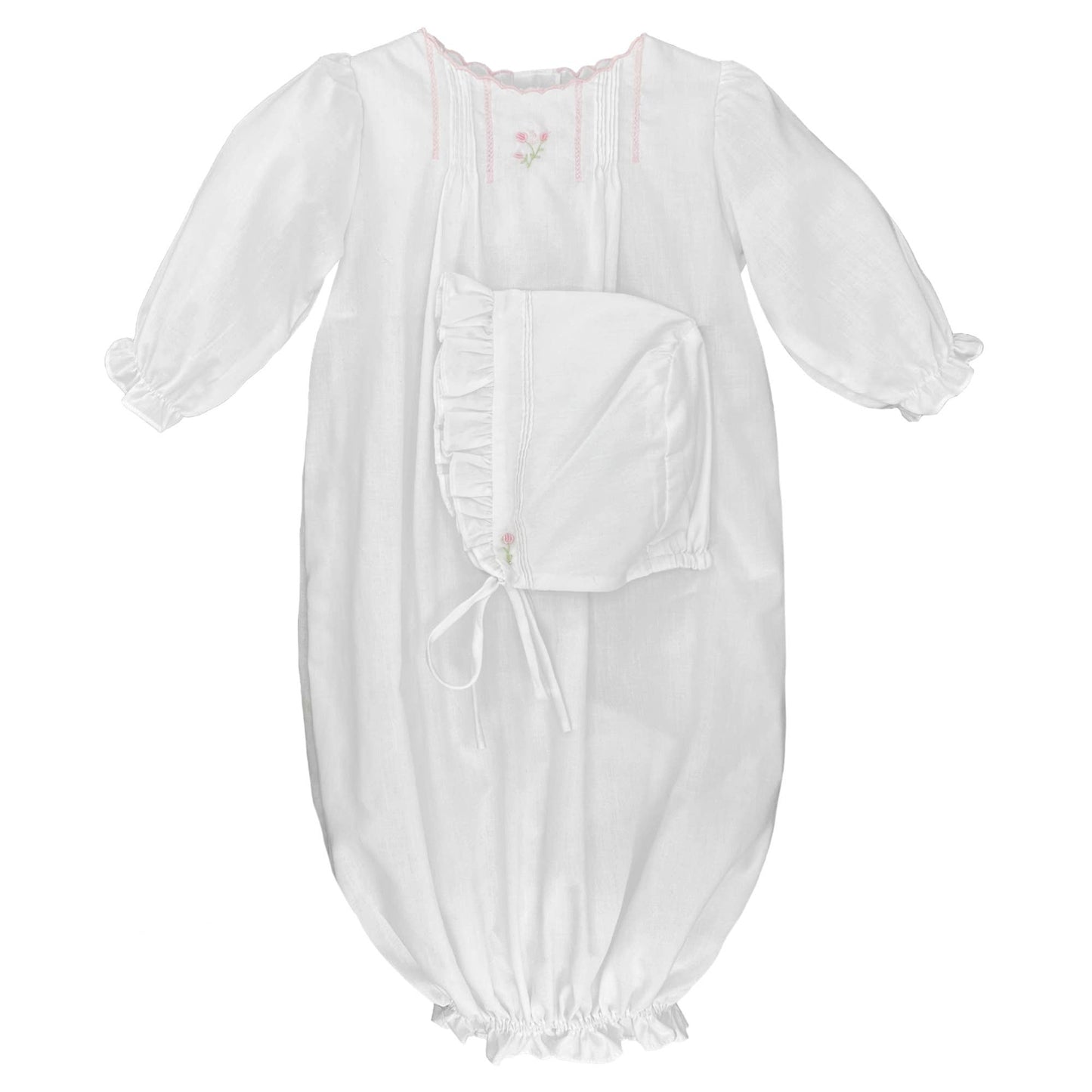 Flower Embroidered Heirloom Gown & Hat: White / Newborn