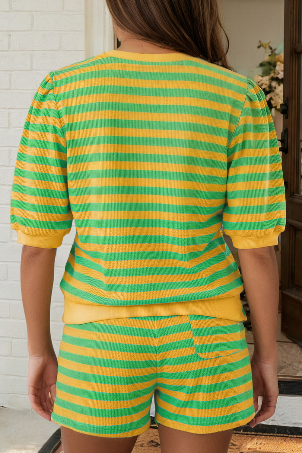 LAS Stripe Puff Sleeve T Shirt Matching Shorts Set (S-XL): Green Stripe / Missy / L
