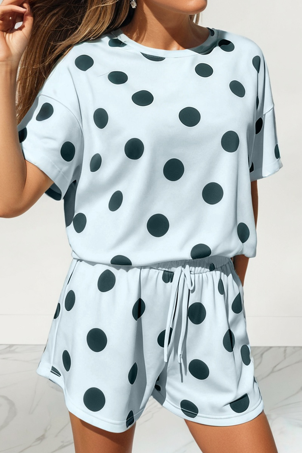 LAS Polka Dot Print Loose Tee Drawstring Short Set (S-XL): Beige / Missy / XL