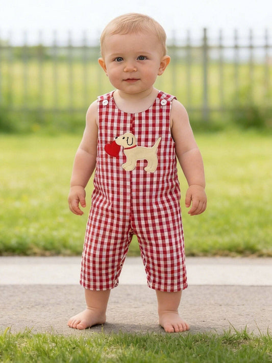 Valentine Red Plaid Boys Romper with Applique Heart Dog Detail: 3M