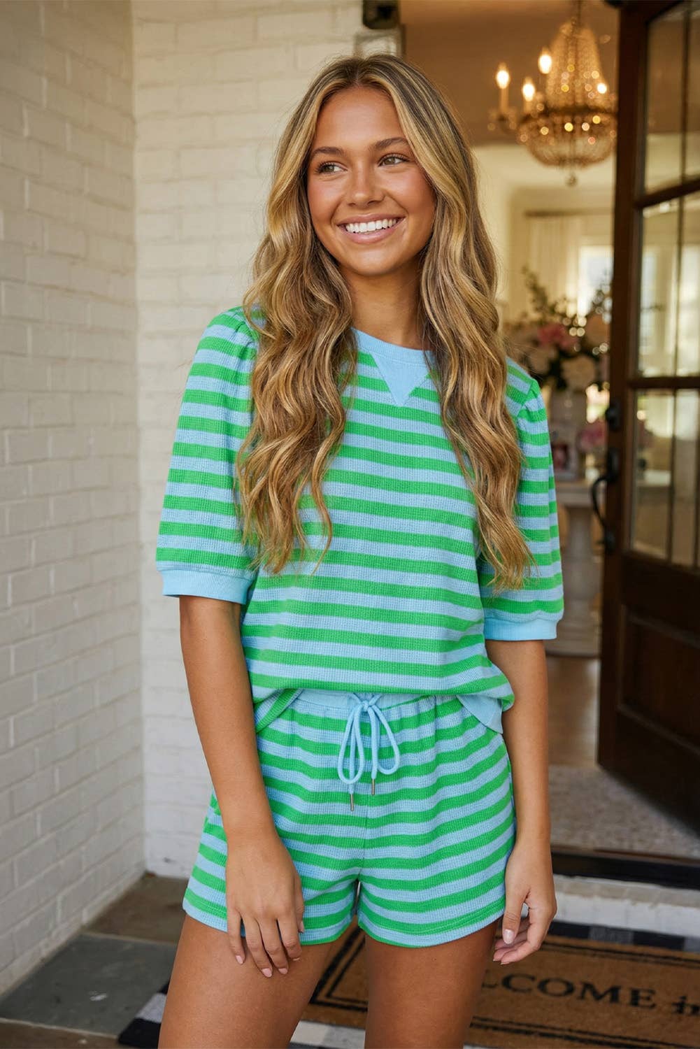 LAS Stripe Puff Sleeve T Shirt Matching Shorts Set (S-XL): Green Stripe / Missy / L