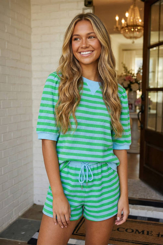 LAS Stripe Puff Sleeve T Shirt Matching Shorts Set (S-XL): Green Stripe / Missy / L