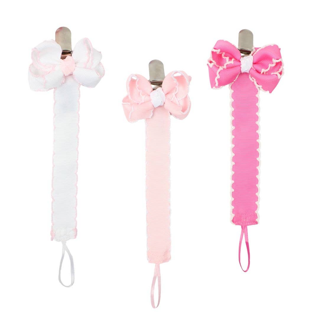 Crochet Edge Grosgrain Pacifier Clip w/ Detachable Bow: White w/ Light Pink Crochet Edge