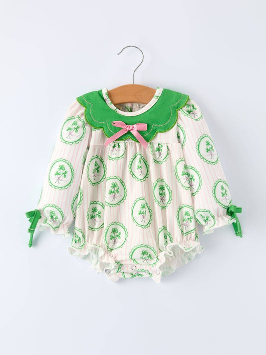 St. Patrick's Day Shamrock Striped Long Sleeve Baby Girl Romper: 6M