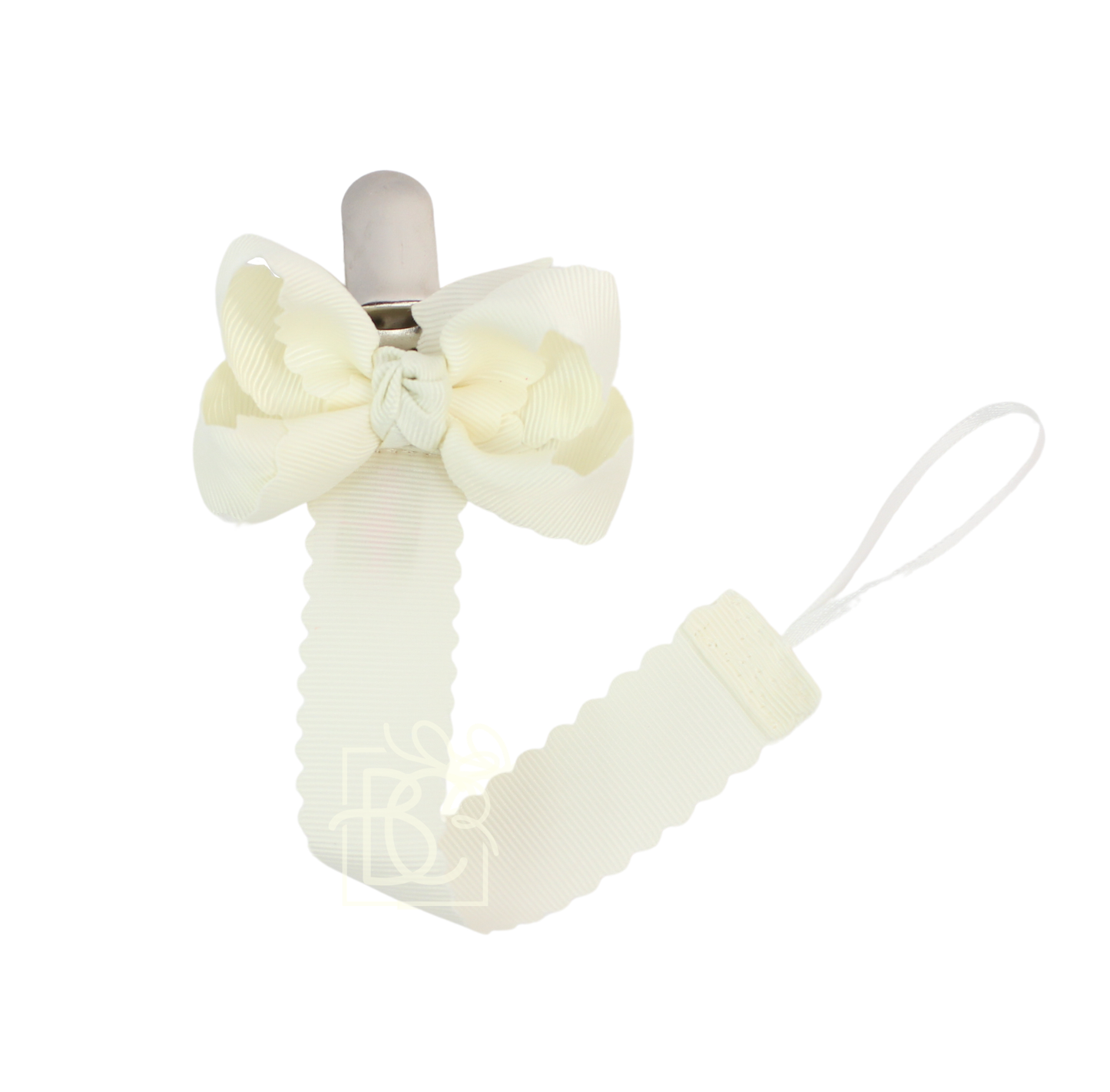 Scalloped Grosgrain Pacifier Clip w/ Detachable Bow: White