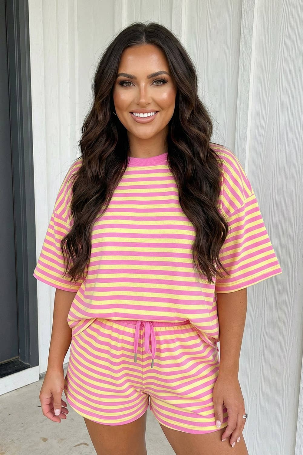 LAS Stripe Contrast Trim Boxy Terry Short Set (S-XL): Rose Stripe / Missy / XL