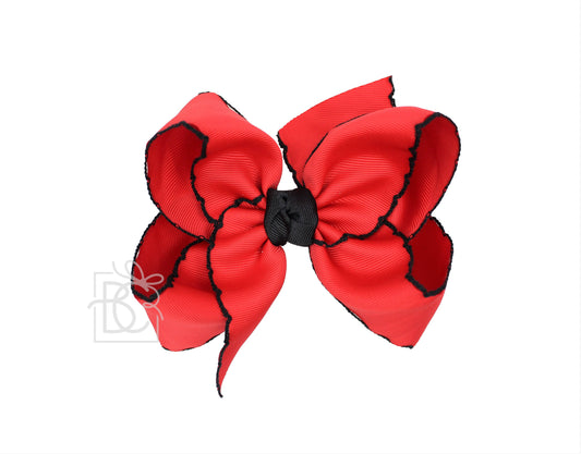 Crochet Edge Bows (Red & Black): 4.5" Large - 1.5" Ribbon on Alligator Clip