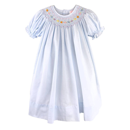 Bishop Smocked Dress with Flowers: Blue