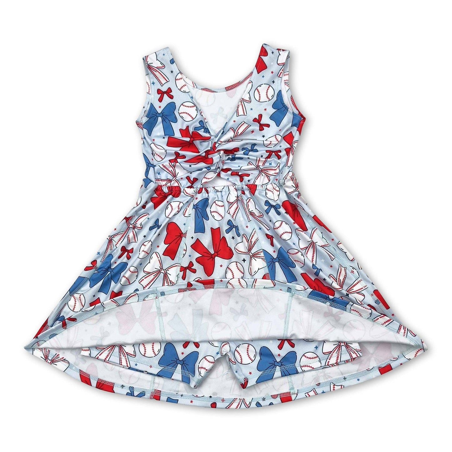 Sleeveless red blue bow baseball kids girls athletic dresses: Dress / 6-7T