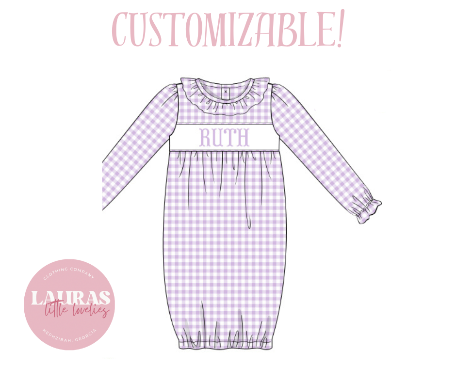 Purple Gingham Name Smock Gown