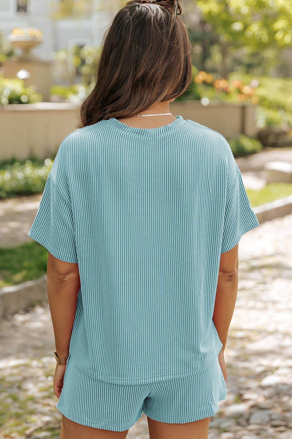 LDC Ribbed Textured Knit Loose Fit Tee and Shorts Set: Jungle Green / M