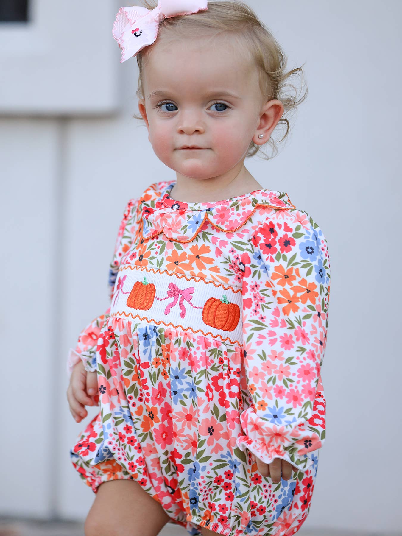 Pumpkin Bow Embroidered Floral Bubble