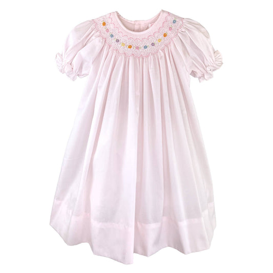 Bishop Smocked Dress with Flowers: Pink / 24 Month