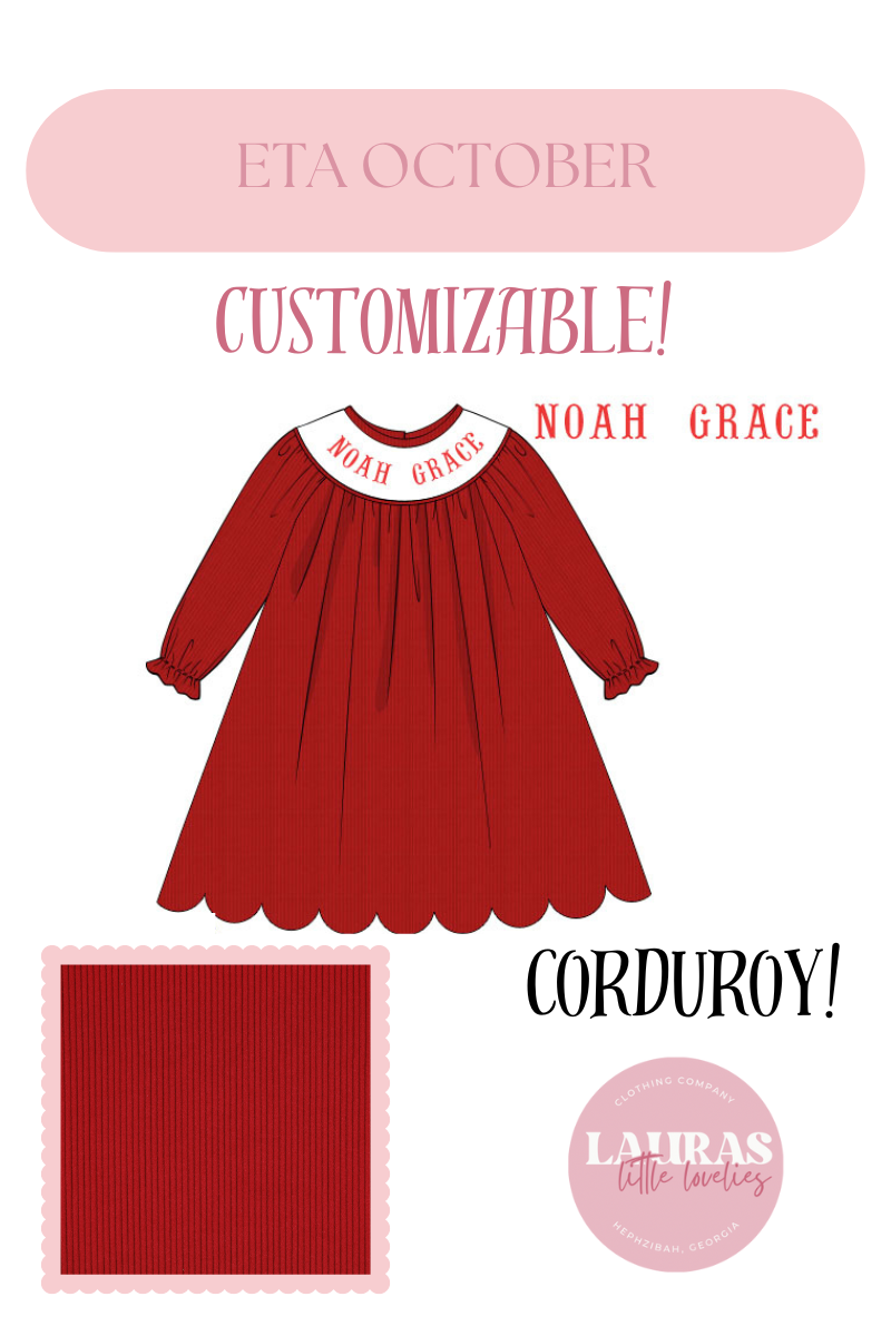 Red Corduroy Name Smock Dress