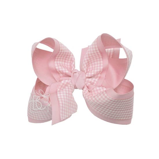 LAYERED GINGHAM/GROSGRAIN BOW ON CLIP: 6.5" Pink