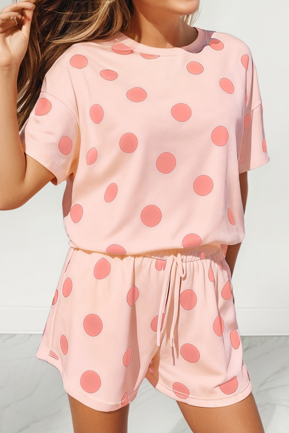 LAS Polka Dot Print Loose Tee Drawstring Short Set (S-XL): Beige / Missy / XL