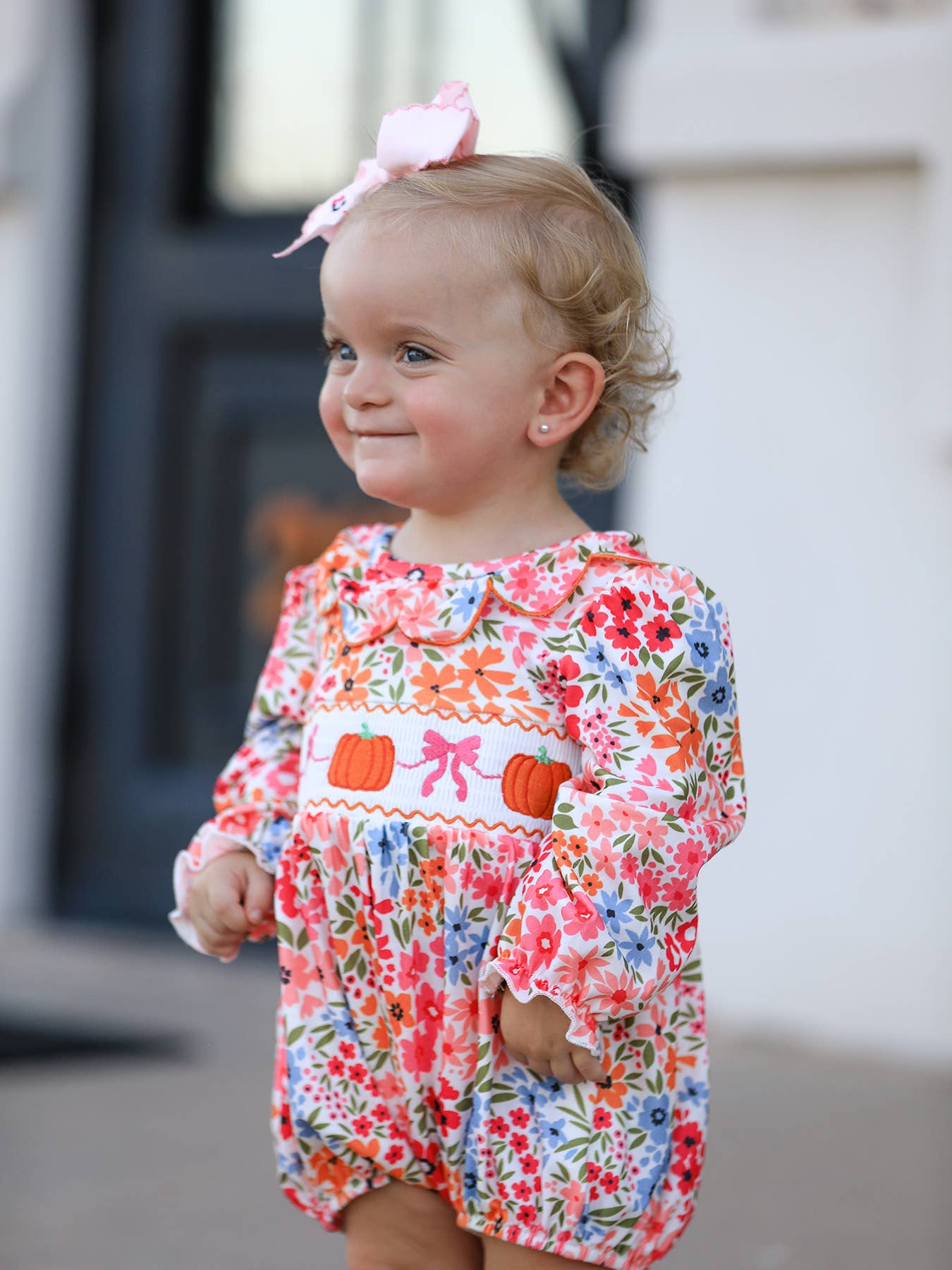 Pumpkin Bow Embroidered Floral Bubble