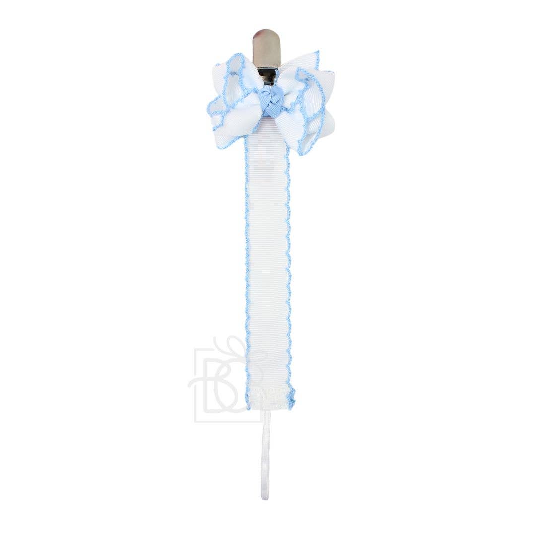 Crochet Edge Grosgrain Pacifier Clip w/ Detachable Bow: White w/ Light Pink Crochet Edge