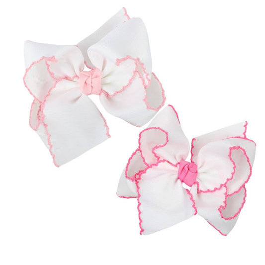 CROCHET EDGE BOWS: White w/ Millennium Blue Crochet Edge / 4.5" Large - 1.5" Ribbon on Alligator Clip