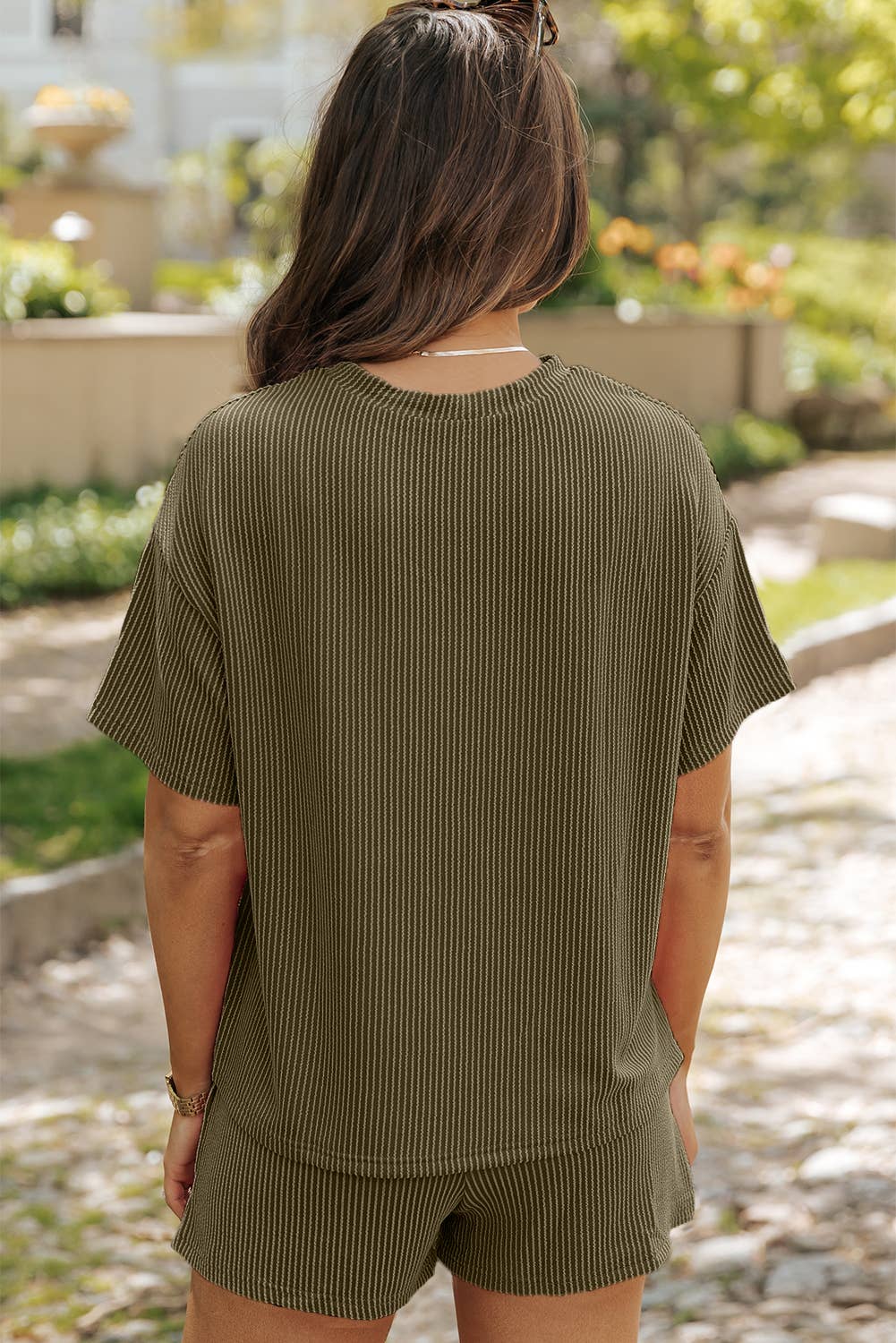 LDC Ribbed Textured Knit Loose Fit Tee and Shorts Set: Jungle Green / M
