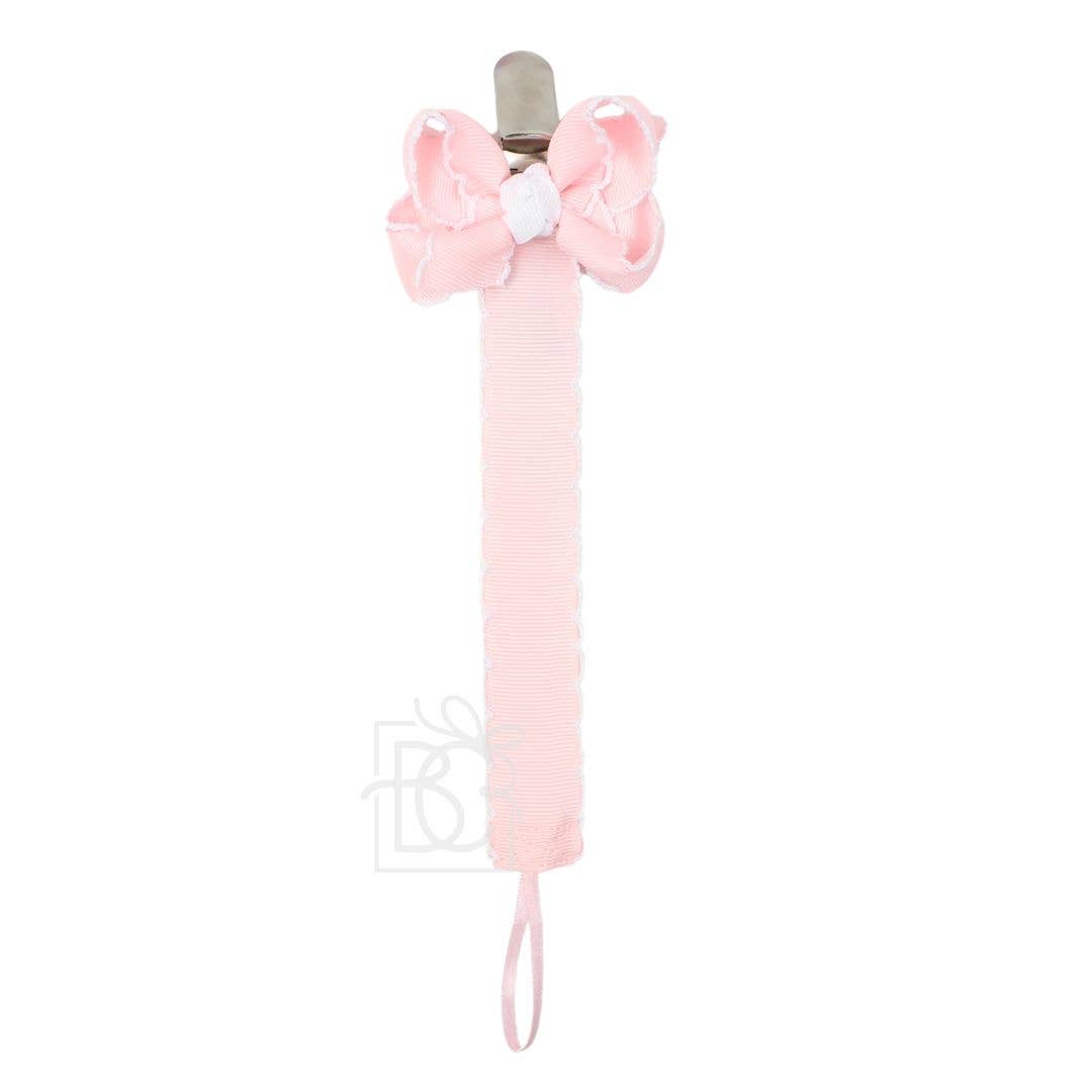 Crochet Edge Grosgrain Pacifier Clip w/ Detachable Bow: White w/ Light Pink Crochet Edge
