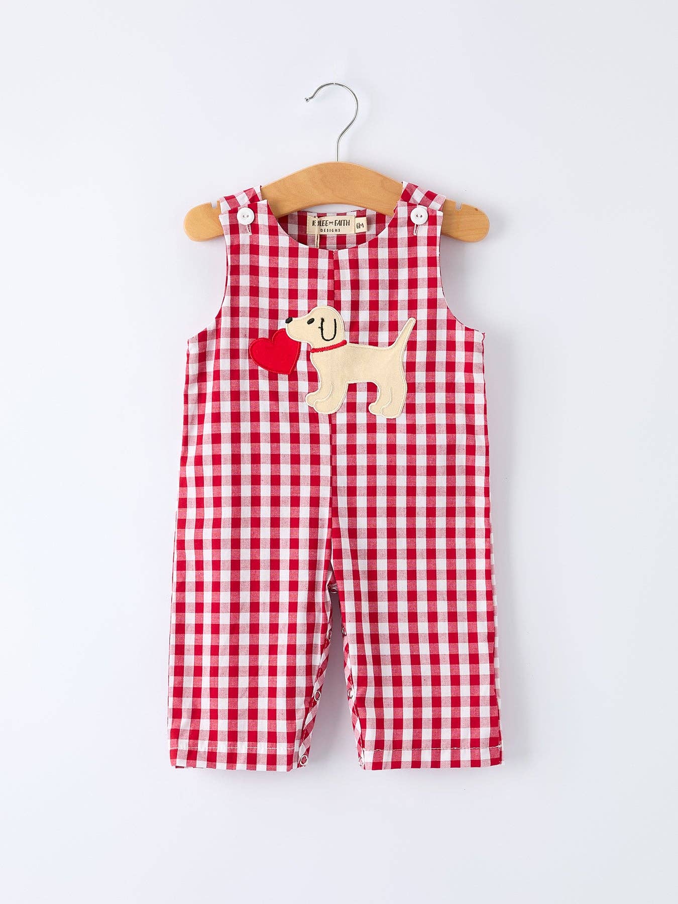Valentine Red Plaid Boys Romper with Applique Heart Dog Detail: 12M