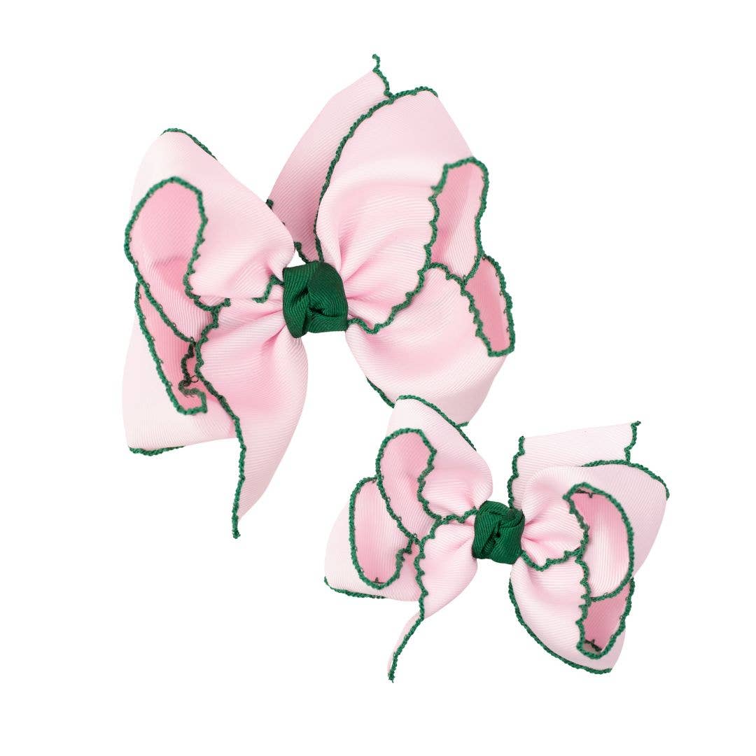 New Crochet Edge Ribbon (Light Pink w/ Forest Green Edge): 4.5" Large