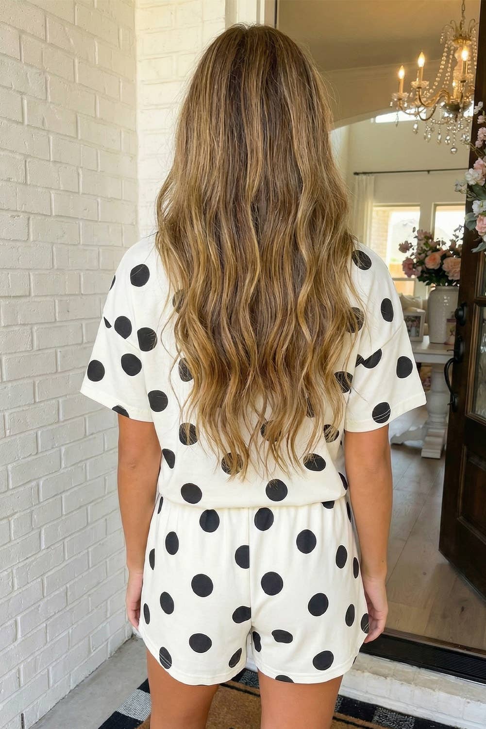 LAS Polka Dot Print Loose Tee Drawstring Short Set (S-XL): Beige / Missy / L