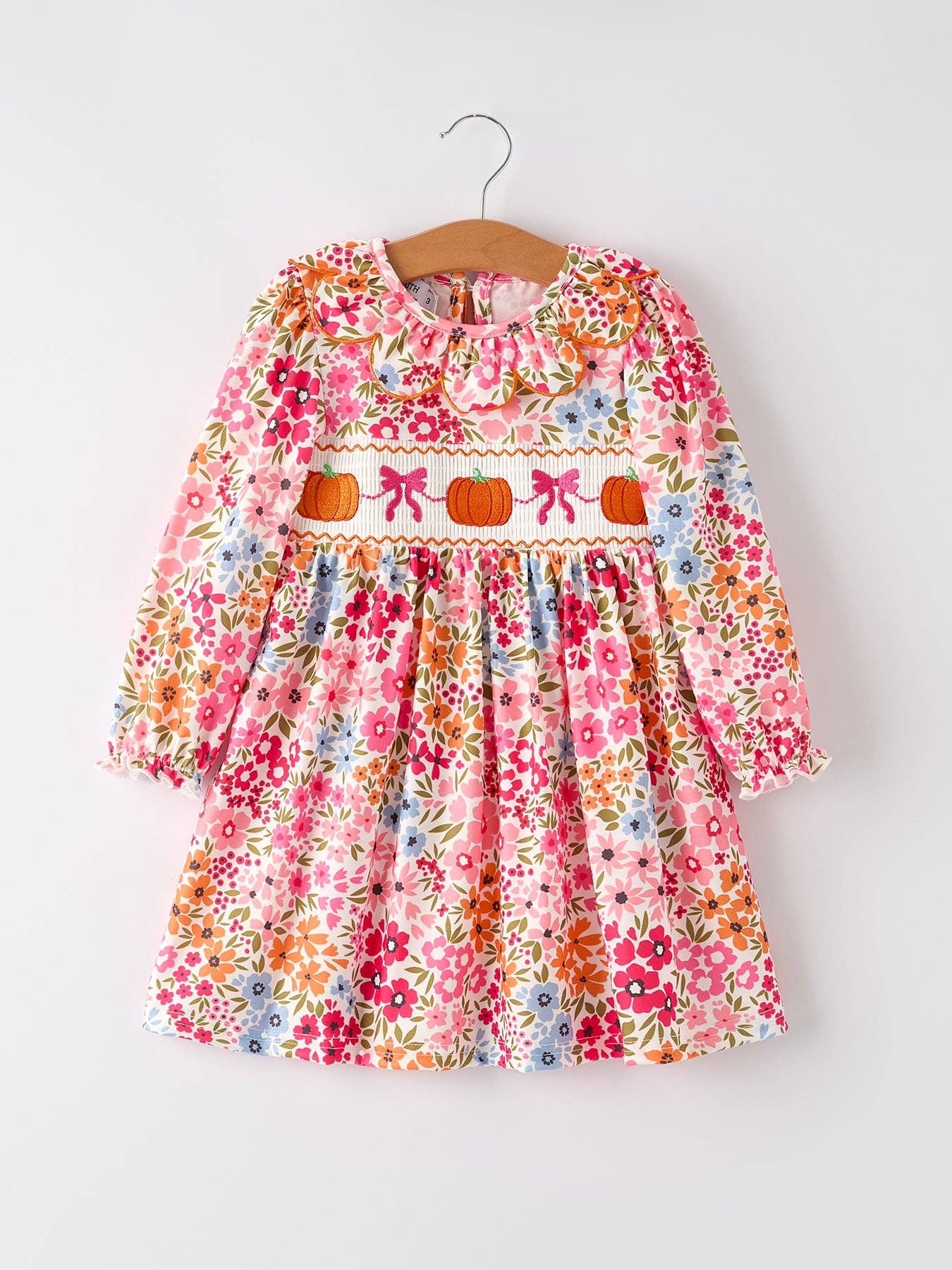 Pumpkin Bow Embroidered Floral Dress