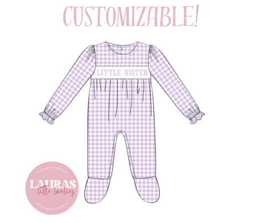 Purple Gingham Name Smock Footie Romper