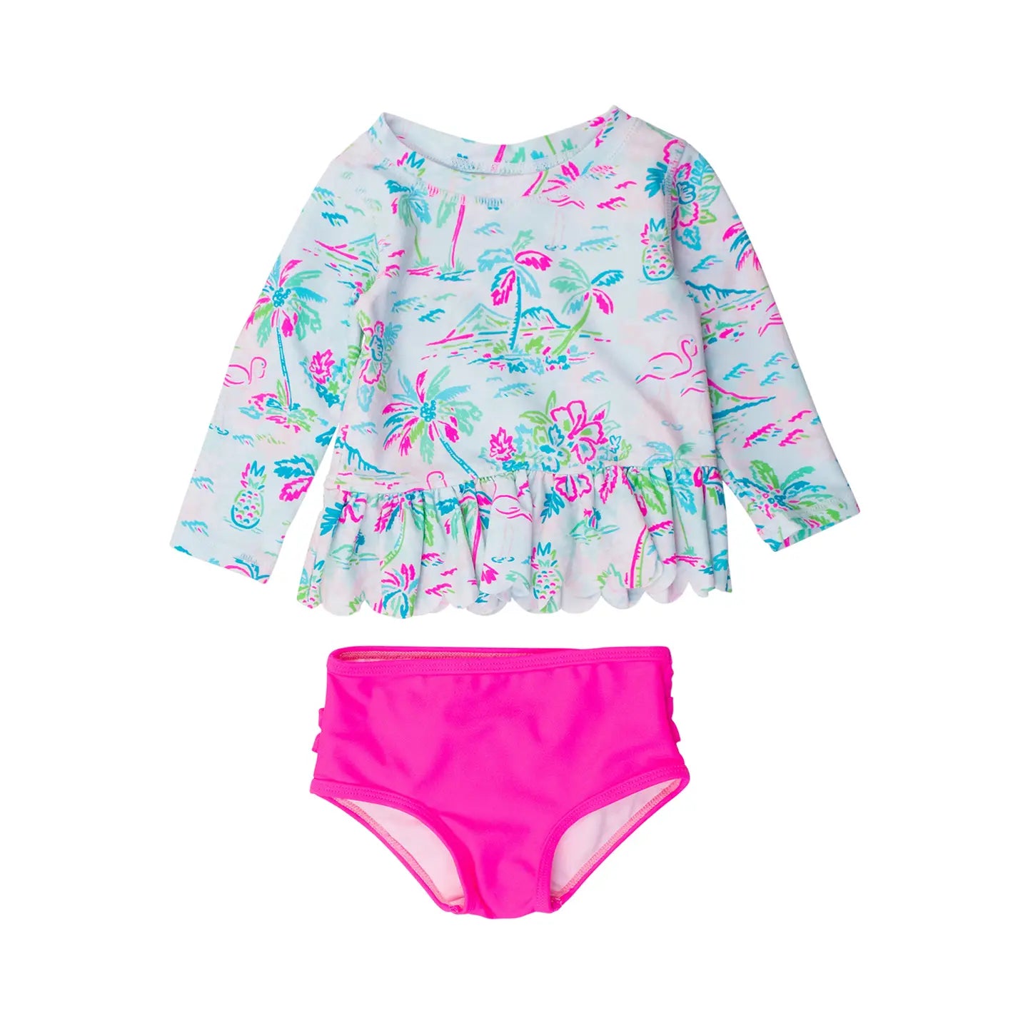 Tropical Resort Scalloped Long Sleeve Rash Guard 2-Piece