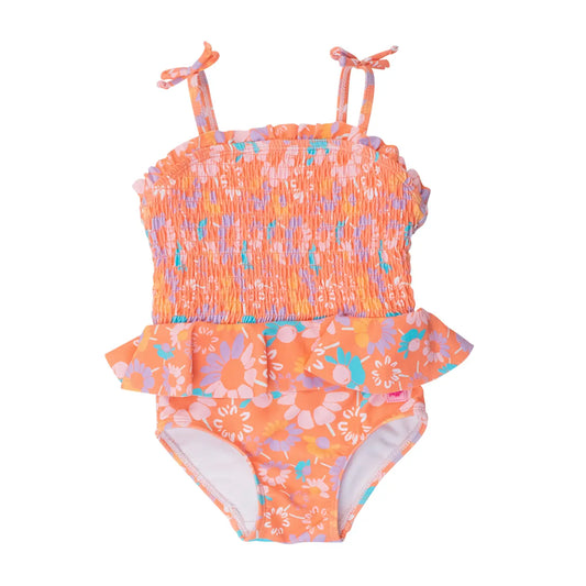 Girls Coral Floral Peplum Smocked Bodice One Piece