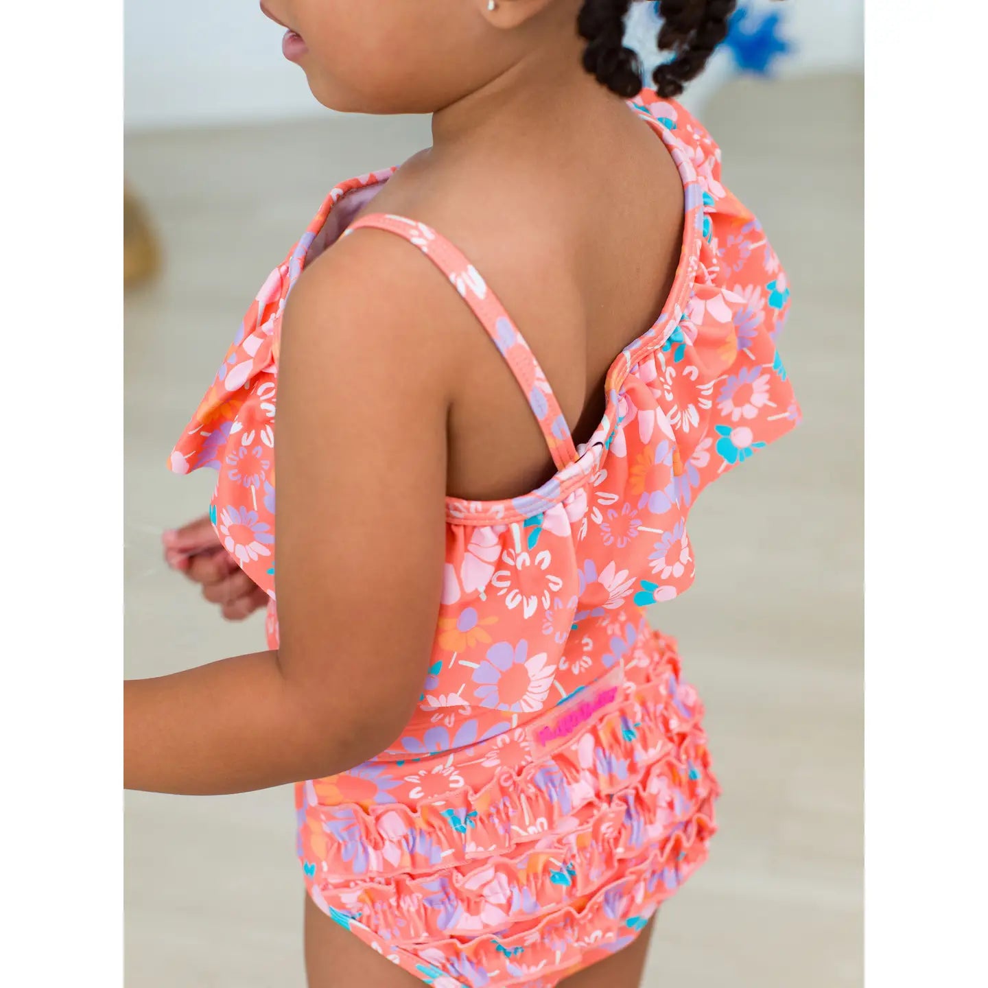 Girls Coral Floral One Shoulder Ruffle Tankini