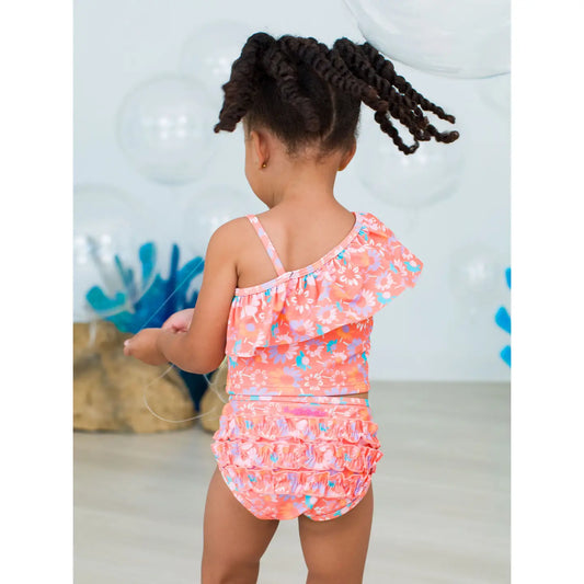 Girls Coral Floral One Shoulder Ruffle Tankini