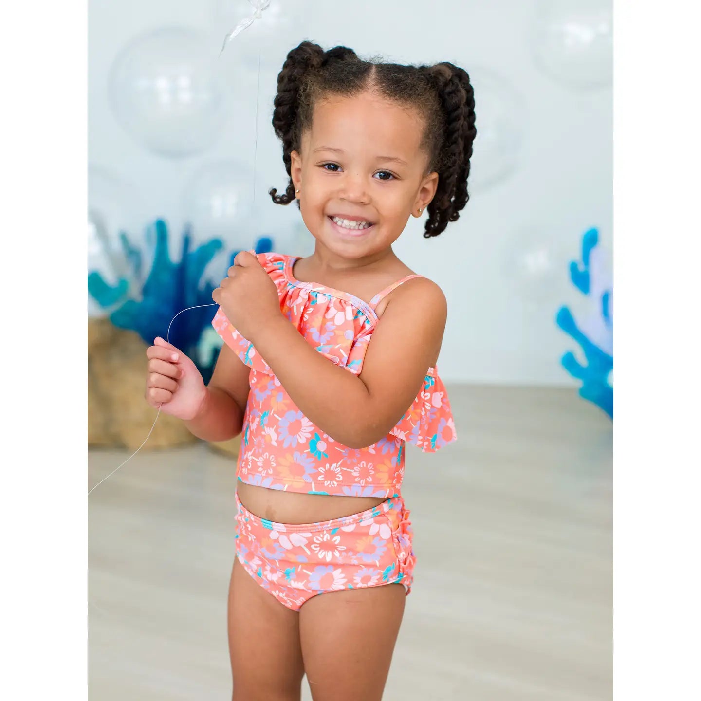 Girls Coral Floral One Shoulder Ruffle Tankini