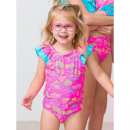 Girls Neon Island Time Ruffle V-Back One Piece