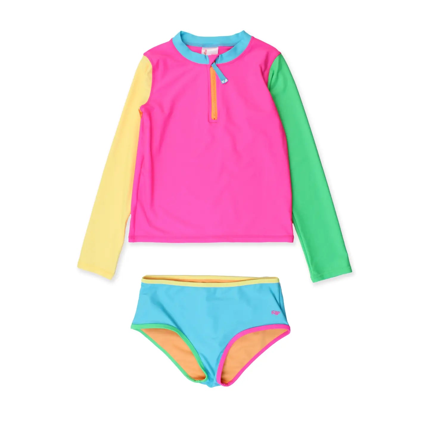 Tween Girls Neon Color Block Long Sleeve Zipper Rash Guard 2-Piece