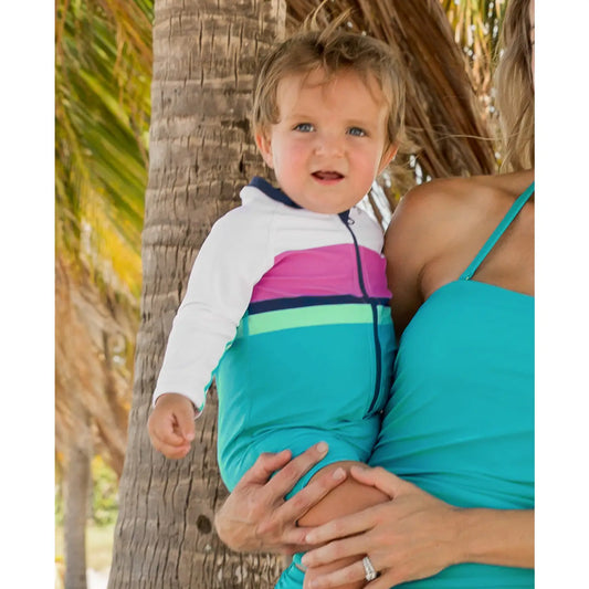 Baby Boys Aqua Color Block Long Sleeve One Piece Rash Guard