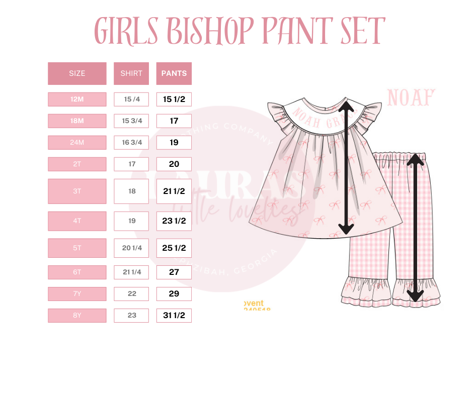Girls Bishop Pant Set Size Chart