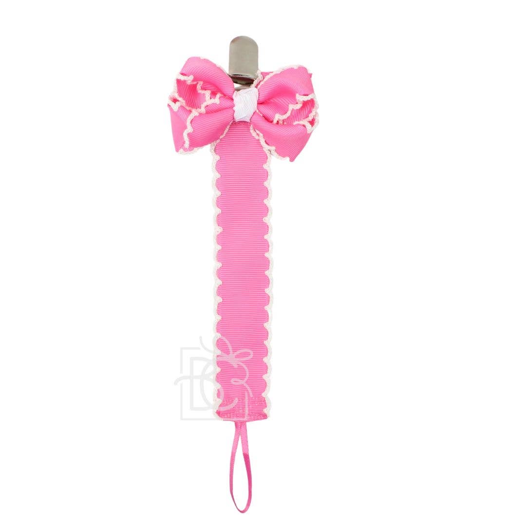 Crochet Edge Grosgrain Pacifier Clip w/ Detachable Bow: White w/ Light Pink Crochet Edge