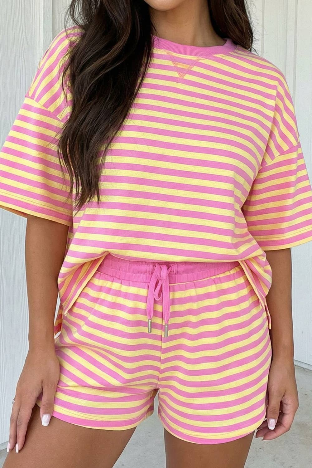 LAS Stripe Contrast Trim Boxy Terry Short Set (S-XL): Rose Stripe / Missy / S