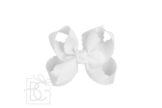 SCALLOPED EDGE BOW: White / 4.5" Large - 1.5" Ribbon on Alligator Clip